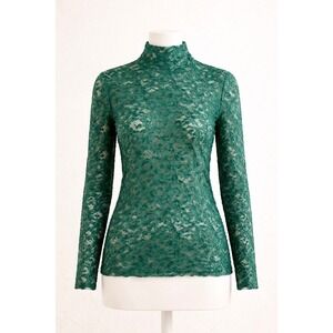 White House Black Market Green Lace Mock Neck Long Sleeve Top Size M